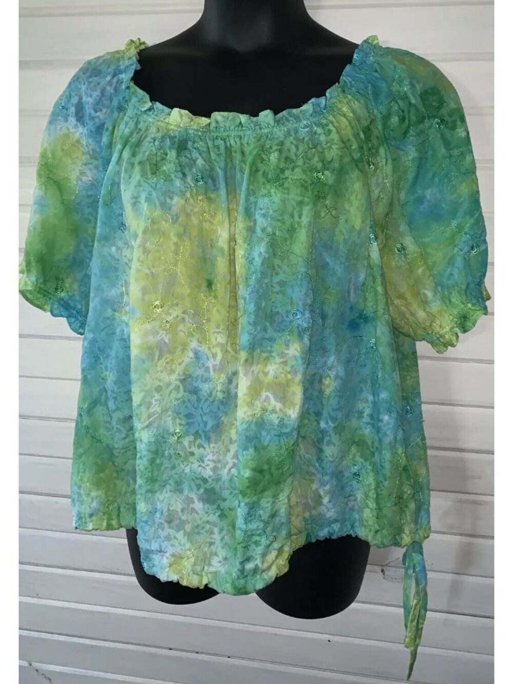 Peter Nygard Sz 18 PLUS Tie Dye Peasant Blouse Blue Green Yellow Tie Waist EUC